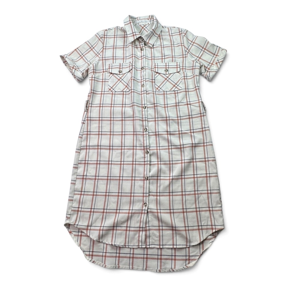 Potters Pot Plaid Shirt Dress Short Sleeve High Low Button Up Women Cream Med
